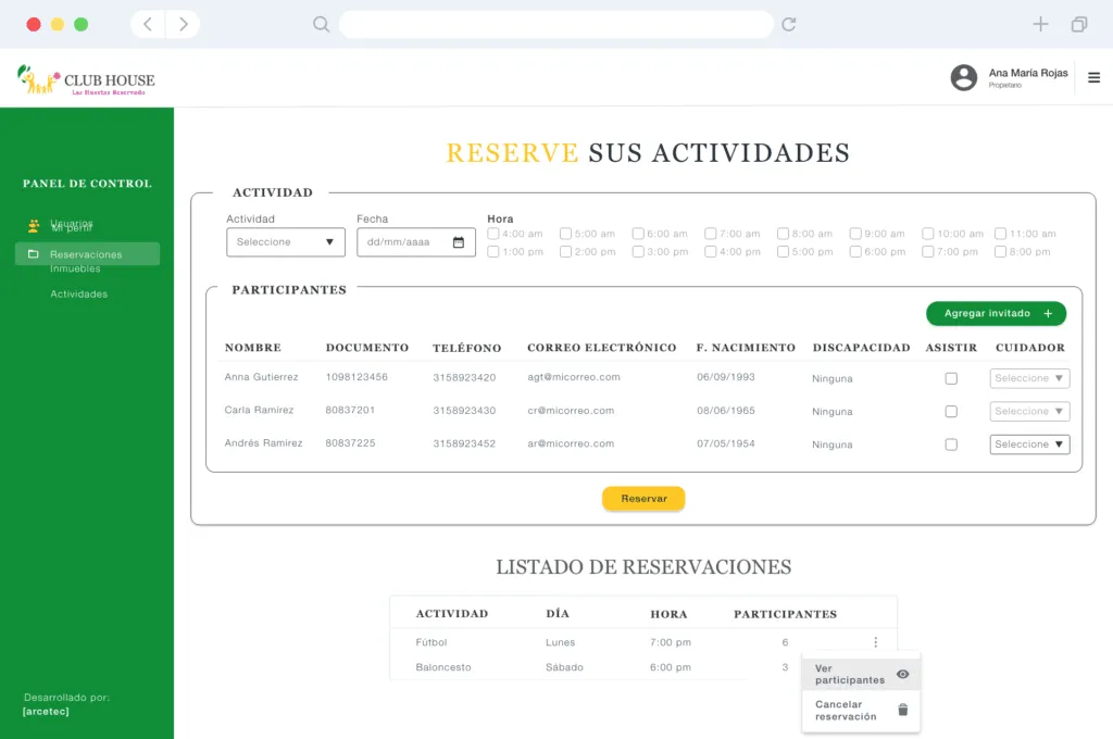 Desarrollo y diseño de aplicación web para reservas en un club house